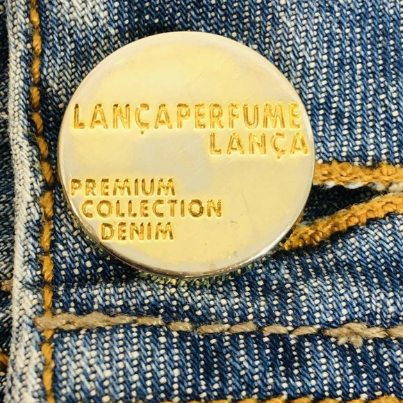 LANCA PERFUME WOMEN SZ 36 DENIM DISTRESSED SHORTS 2” INSEAM ZIP SIDE VENTS LOGO - Picture 6 of 10
